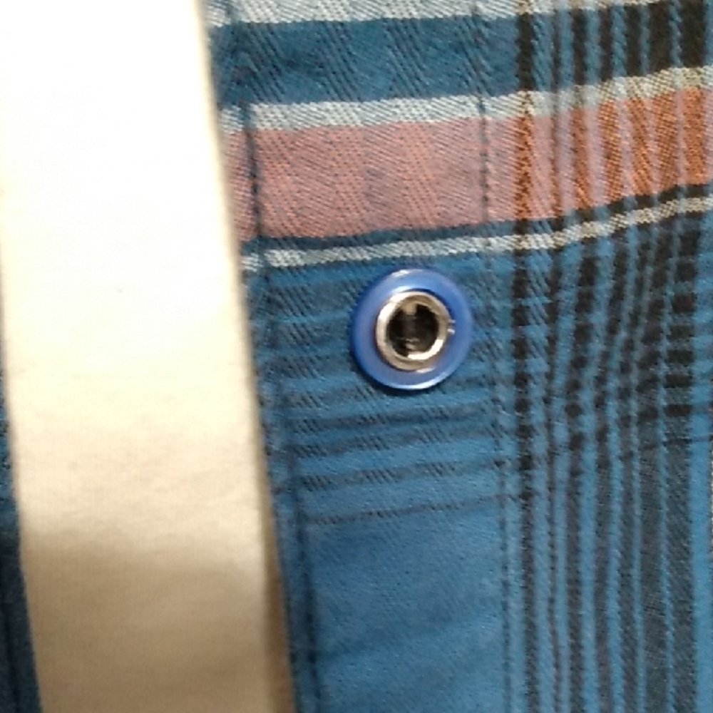 Allison Daley WMNS Blue & Peach Plaid Button-Up Flannel Shirt - Roll Tab Sleeves - Picture 3 of 12